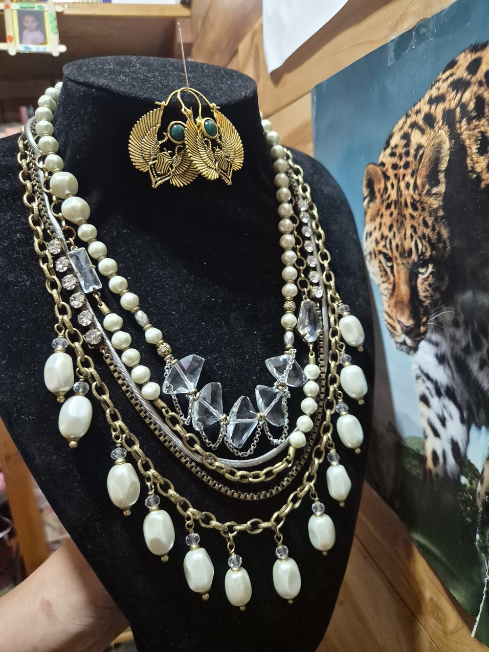 Multi-Strand Pearl and Crystal Statement Necklace  Gold Antique